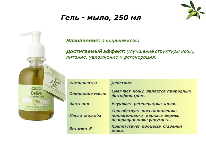 Гель - мыло, 250 мл Назначение: очищение кожи.  Достигаемый эффект: улучшение структуры кожи,